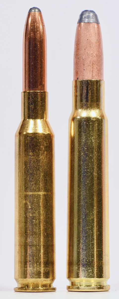 The 6.5x54 Mannlicher-Schönauer (left), the original cartridge for the famous Mannlicher rifles, compared with the later 8x56  M-S (right).